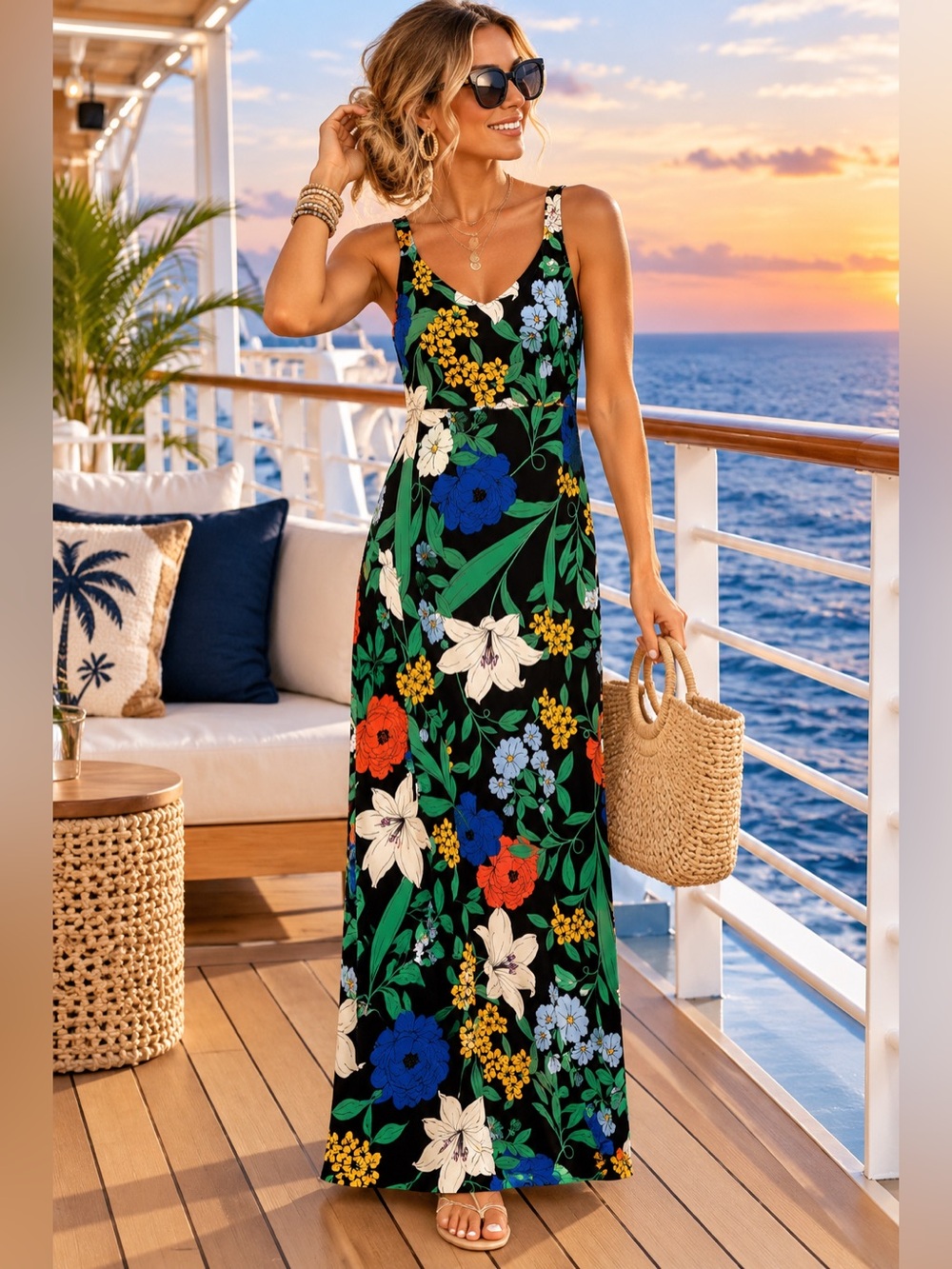 MSK Petite Floral Maxi Dress Black Multicolor Sleeveless Stretchy Boho